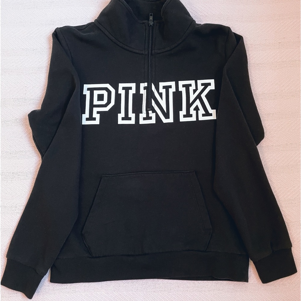 PINK black collared pullover with half zip up and pockets